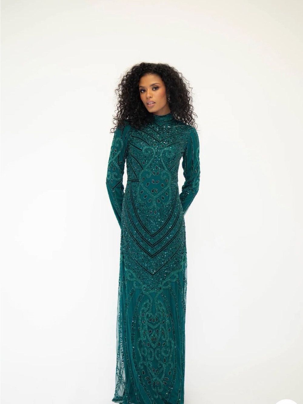 Emerald Green Beaded Long-Sleeve Evening Gown